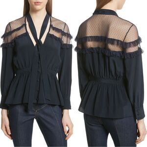 Cinq a Sept Peyton 100% Silk Blue Blouse Shirt Button Down Tie Neck Size M